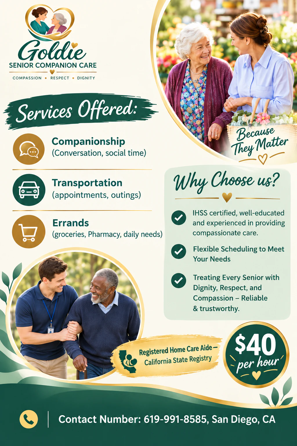Goldie Senior Companion Care flyer: companionship, transportation and grocery and pharmacy pickups, phone 619-991-8585